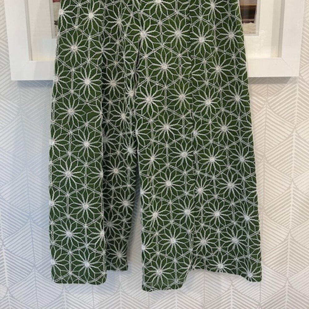 Agua Bendita Green Wide-Leg Pants with White Geometric Floral Embroidery - Picture 2 of 7